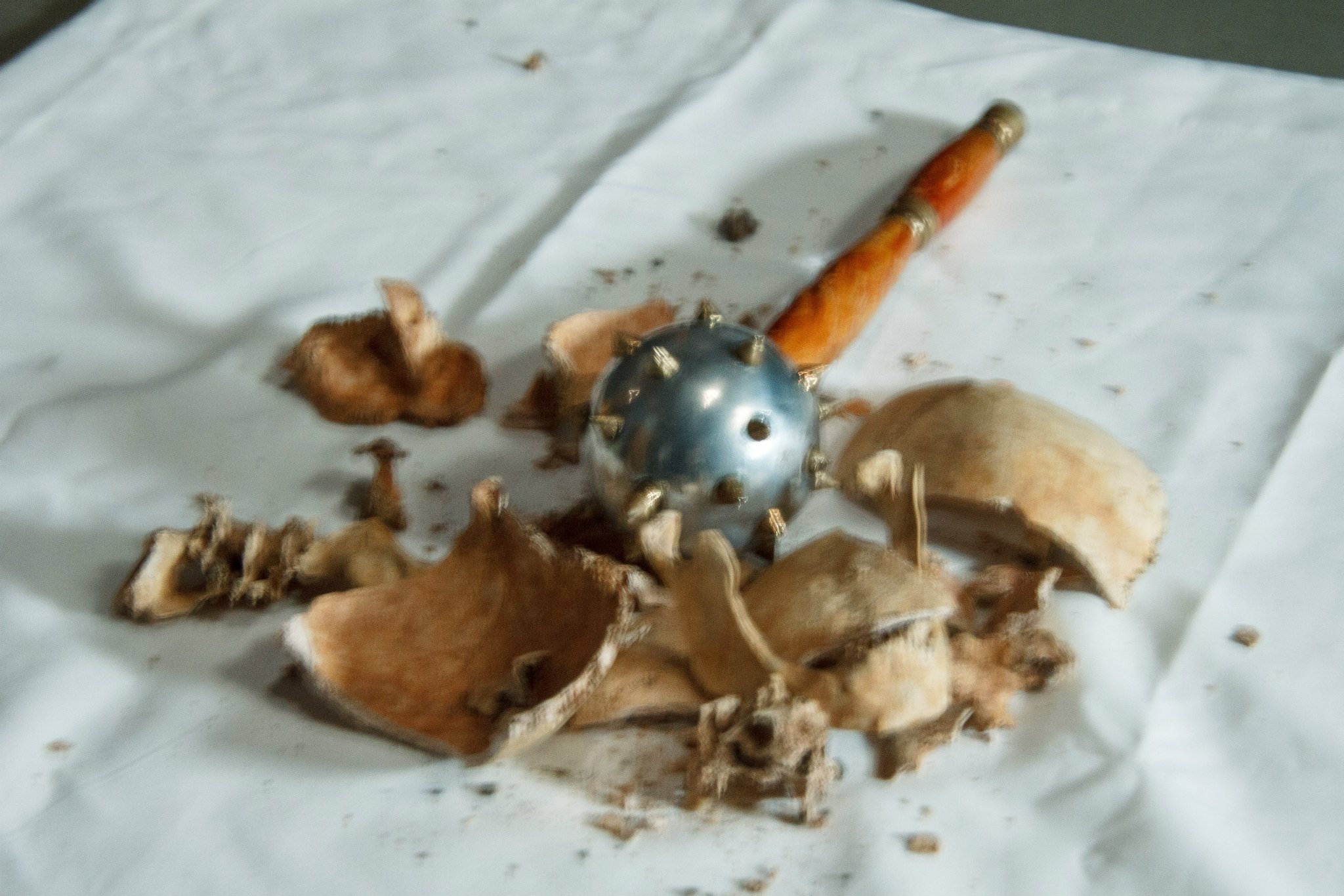 A mace and fragments of a skull.