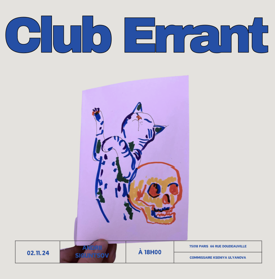 Club Errant poster with a drawing of a cat and a skull, Paris, 2024